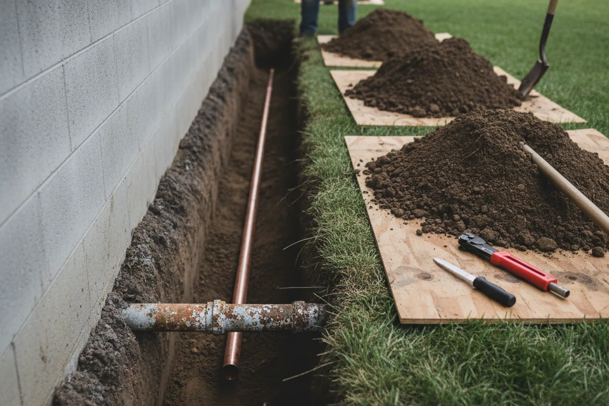 Excavated water line trench during Water Softener Installation in Waldron